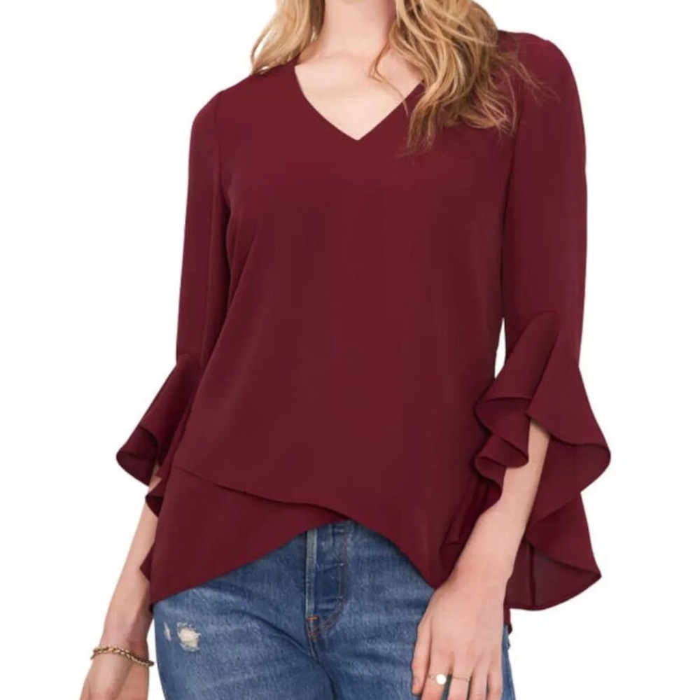 NWT VINCE CAMUTO Womens Maroon Unlined Asymmetrical Step Hem Tunic Top
